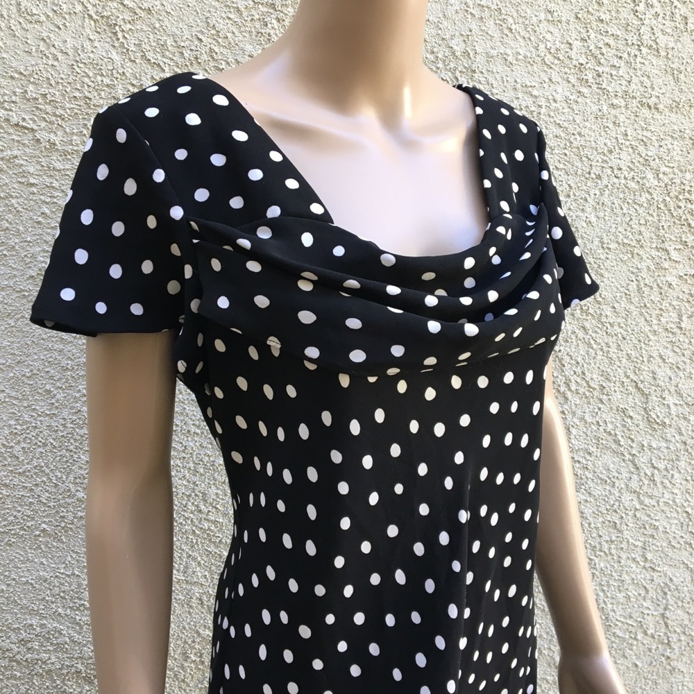 Black & white dot fit & flare dress w/ draped neck - Picture 1 of 7